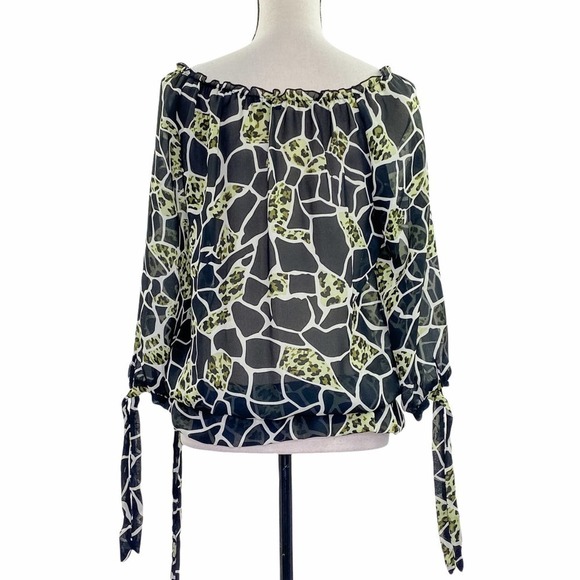PIANO Giraffe & Leopard Print 3/4 Tie Sleeve & Waist Peasant Blouse - Picture 2 of 12